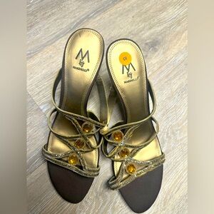 Marinelli Gold/Brown Strappy Style Slip On Cuban Kitten Heel Size 10M Leather